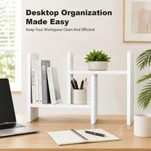 Adjustable Combination Desktop Bookshelf, Multi‑Functional Office Desk Storage Organizer Rack - White - View 4