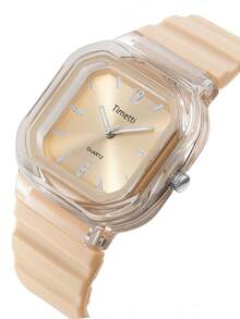 1pc Women Square Minimalist Fashionable Silicone Strap Quartz Watch, Suitable For Daily Wear - Beige - View 8