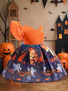 Baby Girls Asymmetric Neck Ghost Pumpkins Bat Haunted House Halloween Elements Pattern Satin Fabric Cute Party Princess Dress, Fabric Pattern Random Cut, Headband And Handbag Not Included - Multicolor - View 6
