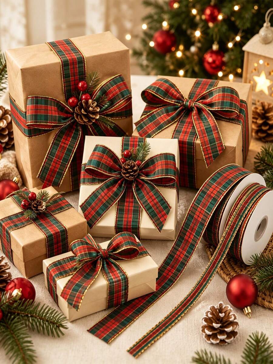 10 Yards Red And Green Plaid Ribbon With Luxury Gold Trim Pattern, Suitable For Gift Wrapping, Holiday Celebrations, Making Bows, Wreaths And Other DIY Crafts - Multicolor - View 1
