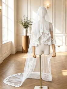 Cathedral Wedding Bridal Veil, 1 Layer, 3m Long Soft Tulle With Lace And Floral Trim, Vintage Style, For Bridal Veil. - White - View 11