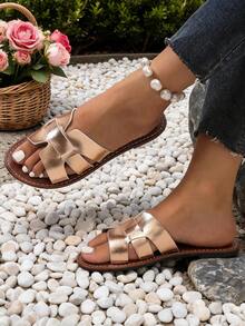 Women Champagne Gold Metallic H‑Shape Woven Slide Sandals, Open‑Toe Outdoor Slides, Summer Vacation Beach Shoes - Champagne - View 3