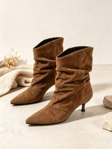 Women's Pointed‑Toe Kitten‑Heel Low‑Heel Ankle Boots, Elegant Ruched Brown Boots, Fashion Short Boots For Autumn & Winter - Brown - View 1