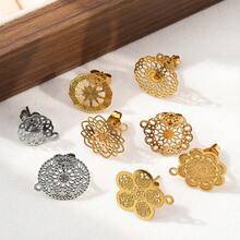 10pcs Stainless Steel Vintage Hollow Floral Pattern Gold Earring Studs Base, Suitable For DIY Jewelry Making Bohemian Style Fashion Elegant Pendant Earring Accessories - Stainless Steel Earrings - View 7