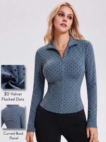 KyrLssu Women's Polka Dot Zipper Stand Collar Long Sleeve Slim Fit Pocket Jacket - Blue - View 2