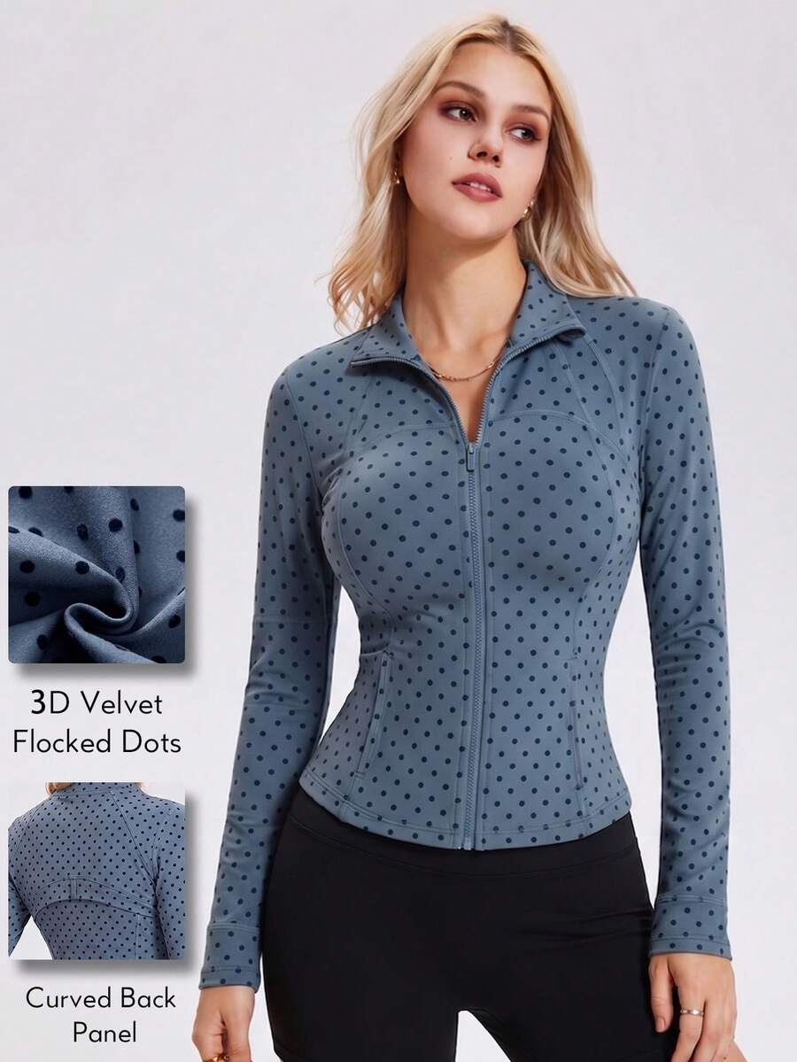 KyrLssu Women's Polka Dot Zipper Stand Collar Long Sleeve Slim Fit Pocket Jacket