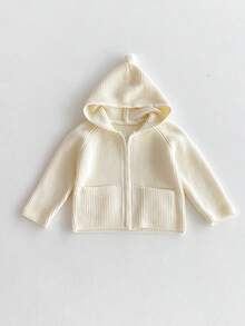 Áo khoác cardigan len gân màu be có mũ cho bé gái, kèm mũ pom pom, khóa kéo trước, túi, tay raglan, áo khoác ngoài - trắng - Xem 3