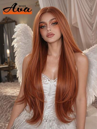 32 Inch Long Straight Dirty Orange Curly Wig For Women, Heatproof Synthetic Fiber Wig Without Bangs, Suitable For Daily Wear, Parties, Halloween And Other Occasions, Fashionable Hairstyle, Perfect Holiday Gift