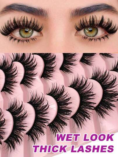 7 Pairs Soft Fluffy 3D Faux Mink False Eyelashes, Wet Look Dense Black Thin Stem, Reusable Cartoon Eyelashes For Halloween Party, Daily Charm And Special Occasions