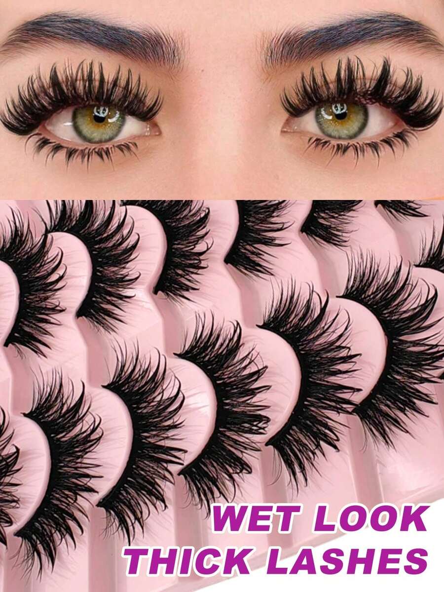 7 Pairs Soft Fluffy 3D Faux Mink False Eyelashes, Wet Look Dense Black Thin Stem, Reusable Cartoon Eyelashes For Halloween Party, Daily Charm And Special Occasions - View 1