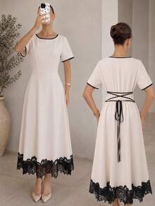 Women's Mid-Length Elegant Lace Trim Boat Neck Contrast Color Short Sleeve Tie Back A-Line Apricot Dress, Suitable For Wedding Guest, Party, Office, Outing - Apricot - View 7