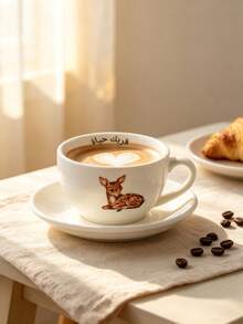 230ml Cute Deer Ceramic Coffee Cup With Saucer, White Porcelain Tea Cup, Gift For Coffee And Tea Lovers, Home Kitchen Drinkware - White - View 1