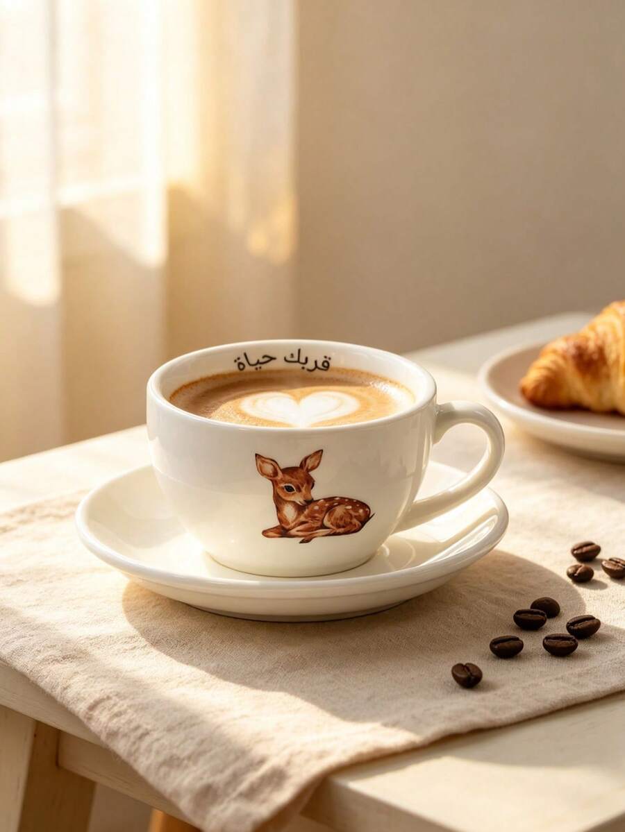 230ml Cute Deer Ceramic Coffee Cup With Saucer, White Porcelain Tea Cup, Gift For Coffee And Tea Lovers, Home Kitchen Drinkware - White - View 1