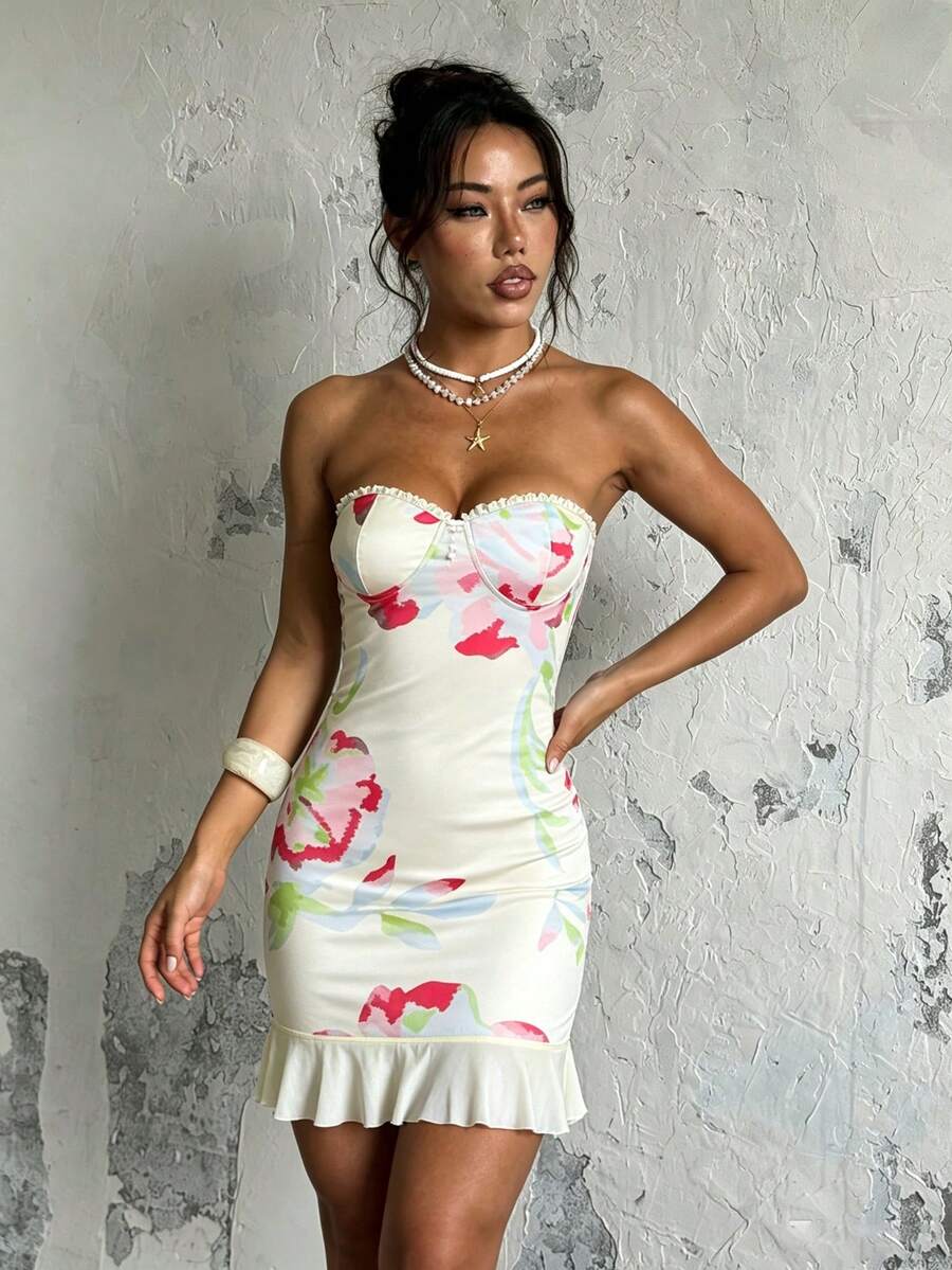 Women Short Printed Bodycon Spaghetti Strap Casual Dress, Daily Wear - Yellow - View 1