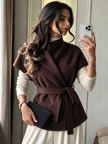 Áo vest len pha dáng ngắn cổ chữ V không tay cho mùa Thu/Đông, mặc layer công sở - màu nâu - Xem 3