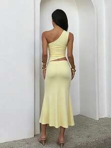 1pc Solid Color Sexy Knit Hollow Out Dress Beach Summer - Yellow - View 3
