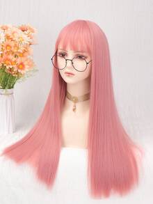 26 Inch Long Straight Pink Synthetic Wig With Bangs, Suitable For Women, Anime Cosplay Wig, Suitable For Girls Daily Wear, Halloween, Music Festival Party, Anime Cosplay, Also A Gift For Friends And Halloween - Pink - View 2