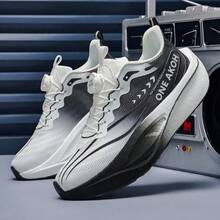 Men Gradient Mesh Racing Running Sneakers Quick Rotating Buckle Closure Cushioned Thick Stylish Black White Tone Daily Jogging Athletic Footwear - Ink Wash Black and White - View 5
