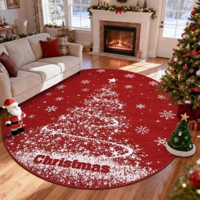 Wanfeeso Festive Red Rug With Christmas Tree And Star Design – A Warm And Inviting Floor Covering Featuring A Classic Holiday Print, Perfect For Seasonal Décor In Living Rooms, Bedrooms, And Dining Areas