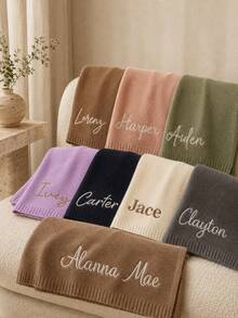 1PC Custom Text Embroidered Solid Knit Throw Blanket With Ribbed Edge, 7 Color Options, Decorative Layer For Armchair Home Office Space, Great Housewarming Anniversary Gift For Loved Ones - Multicolor - View 7