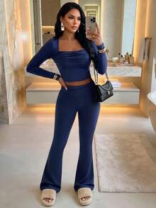Women's Chic Navy Ribbed Square Neck Crop Top And Flare Pants Two Pieces Set, Elegant Ruched Long Sleeve Outfit With Medium Stretch Fabric For Fall - Navy Blue - View 1