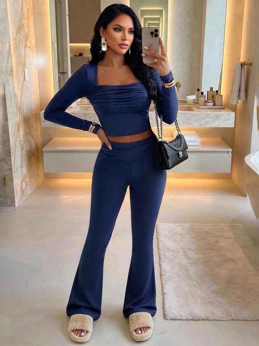Women's Chic Navy Ribbed Square Neck Crop Top And Flare Pants Two Pieces Set, Elegant Ruched Long Sleeve Outfit With Medium Stretch Fabric For Fall - Navy Blue - View 1
