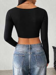 Jotten Fashion Women's V-Neck Top, Front Tie Bow Slim Fit Cropped Long Sleeve Base Layer Top, 1pc - Black - View 2