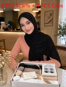 5pcs Jersey Hijab Set + 2pcs Hijab Clips, Women Lightweight Solid Color Headscarf Soft Scarves For Daily Wear - Multicolor - View 15