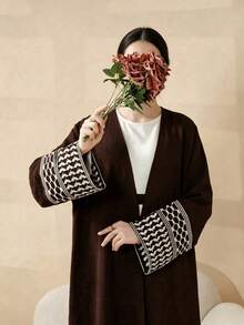 1pc Open Abaya With Embroidered Cuffs, Muslim Islamic Clothing For Women's Daily Wear, Without Headscarf - Multicolor - View 9
