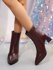 2024 New Women's Chunky High Heel Elastic Slim Sock Boots Mid-Calf Ankle Boots - Burgundy - View 4