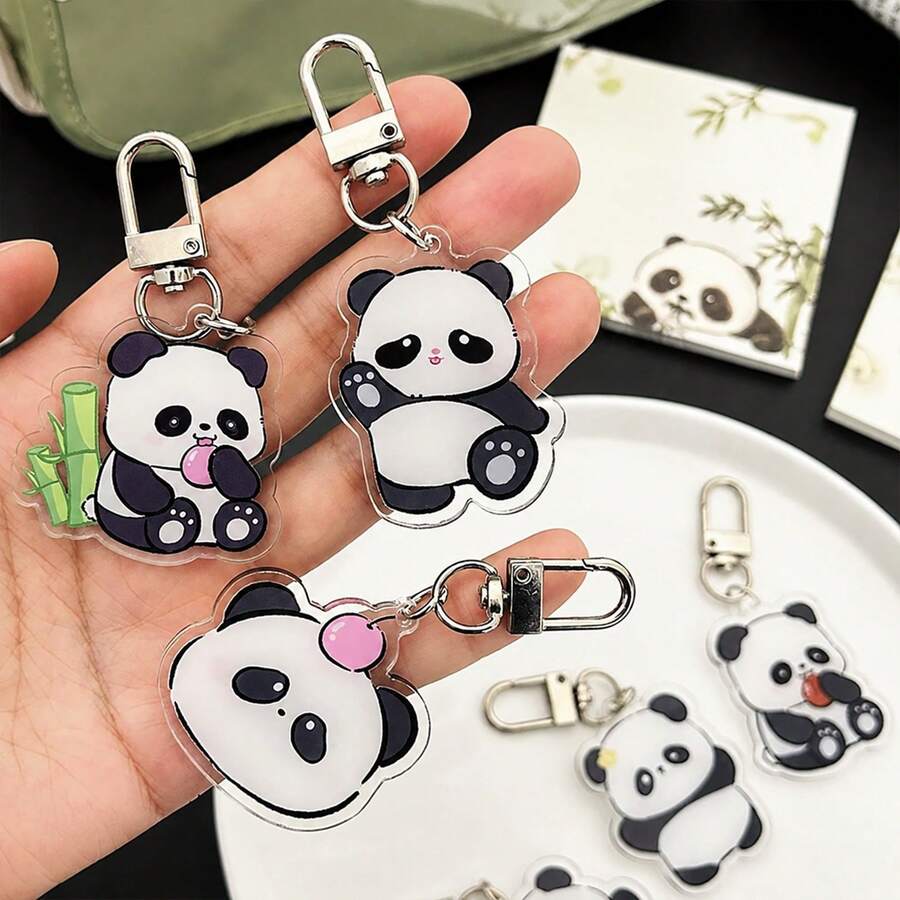 6 Pcs/Set Cute Cartoon Panda Acrylic Keychains, Soft Adorable Panda Pendant With Metal Key Ring, Decorative Key Chain Charms For Keys Backpack Handbag, Party Favor Gift Supplies - Panda - View 1