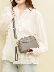 Vintage Litchi Embossed Crossbody Bag, Vintage PU Leather Shoulder Bag, Women's Versatile Handbag And Wallet - Grey - View 3
