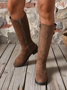 Vintage Brown Suede Women's Knee-High Boots, Double Metal Buckle Straight Leg Riding Boots, Side Zipper Low Heel Calf Boots - Brown - View 5