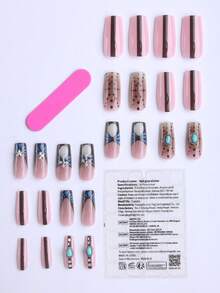 24 Square Press On Nails Featuring Blue Patterns And Black Polka Dots, Accented With Turquoise Stones And Silver Star-Shaped Charms In A Western-Style French Tip Design. These False Nails Are Perfect For Everyday Wear, Dates, And Shopping. - Multicolor - View 4