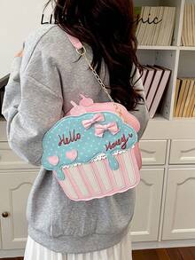 Shoulder Bag, Cupcake 3D Shape Polka Dot Print Bow Accessory Heart Patch Letter Embroidery Cream Drip Design Chain Splicing Adjustable Crossbody Strap Flap Snap Closure Lolita Style Cartoon Asymmetrical Shape Bag Sweet Girl Fun Small Bag - Pink - View 6
