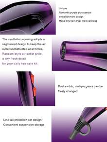 1pc Professional High Power Hair Dryer, Switchable Cold/Hot Air, 3 Adjustable Speed Settings, Equipped With Concentrator Nozzle And Diffuser, High Wind Speed High Rotation High Power, Suitable For Home And Professional Salon Use (Switch Color Based On Final Actual Photo) - Purple - View 2