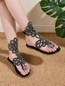 1 Pair Girls' Elegant Rhinestone Hollow-Out Gladiator Thong Sandals, Adjustable Ankle Strap Outdoor Walking Shoes - Black - View 2