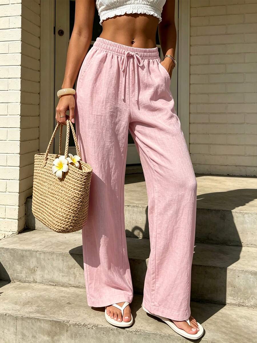 Women's Straight Leg Sports Pants, Spring/Autumn Casual Athletic Long Pants, Suitable For Running, Cycling, Dancing, Fitness, Pink - Pink - View 1