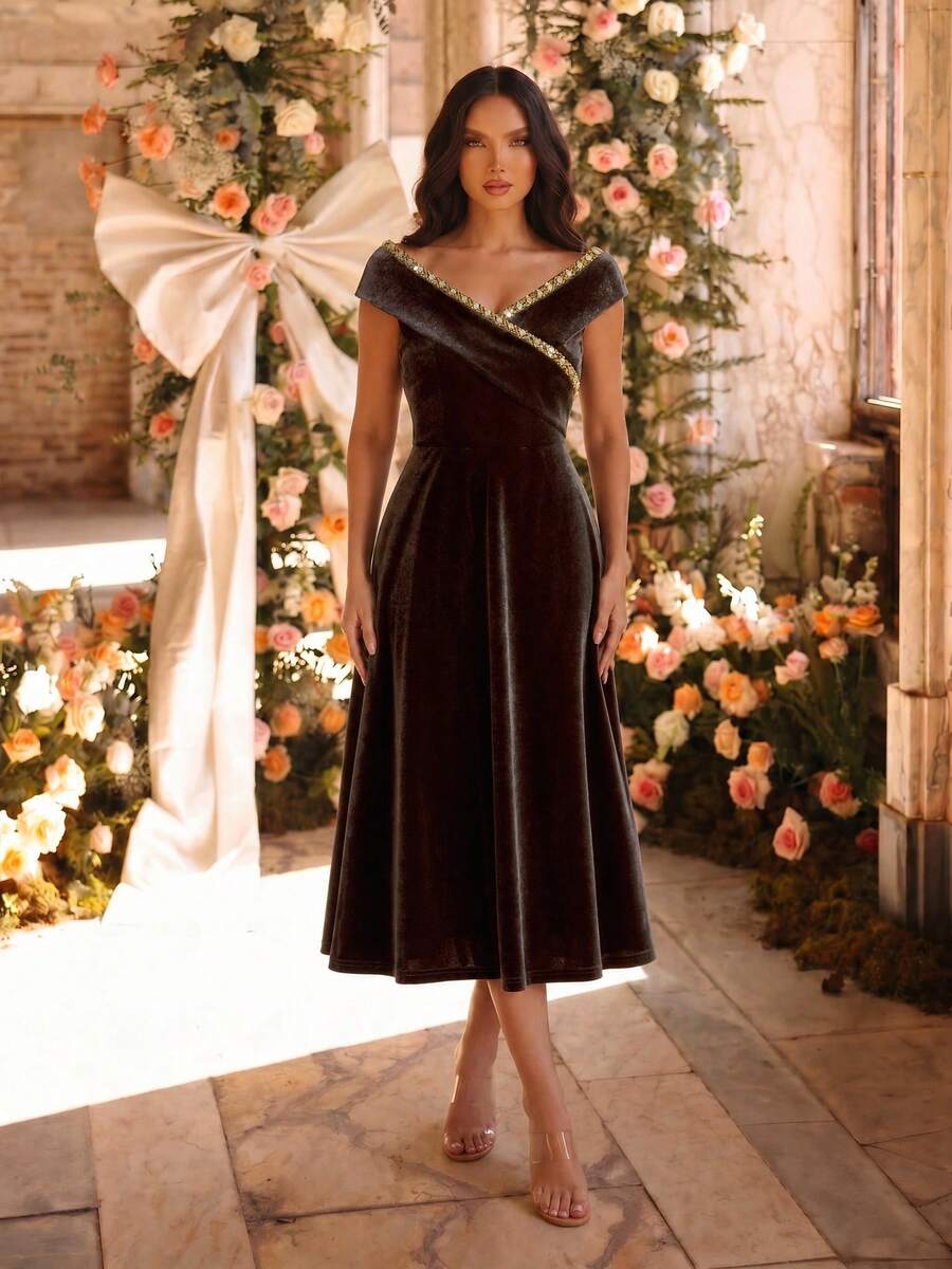 EVERPRETTY Autumn Elegant Luxury Rhinestone V-Neck Velvet Brown Formal Evening Gown Suitable For Evening Party, Gathering, Dinner - Brown - View 1
