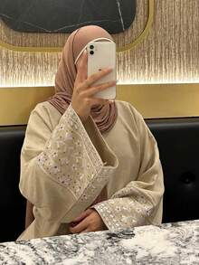 Gaun Abaya Muslimah Sederhana, Gaun Maxi Longgar Lengan Panjang dengan Bordir Bunga, Abaya Kasual untuk Pakaian Sehari-hari Wanita Muslim - MultiWarna - View 9
