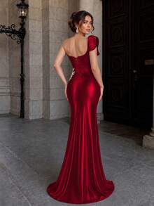 VIPGIRL Burgundy Satin One-Shoulder Evening Gown, Featuring 3D Ruffle Shoulder Accent, Silver Waist Embellishment, Occasion Dress Party Fall Wedding Red - Red - View 2
