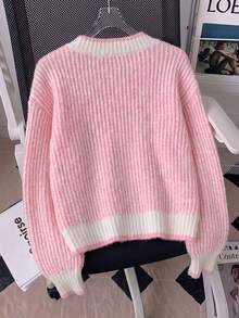Pink‑White Color Block Striped Ribbed V‑Neck SweaterAsymmetrical Loose Drop‑Shoulder Long‑Sleeve Knit Top For Early‑Autumn Back‑To‑School Daily Wear - Pink - View 8