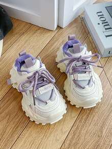 Kids' Hook And Loop Chunky Sneakers, Thick Sole Breathable Unisex Sports Shoes - Purple - View 4