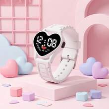 1pc/Set Heart-Shaped LED Electronic Children's Watch, Girly Style Silicone Strap Student Luminous Calendar Sports Electronic Wristwatch Gift, Holiday Gift, Birthday Gift, Christmas Gift And Other Accessories - White - View 6