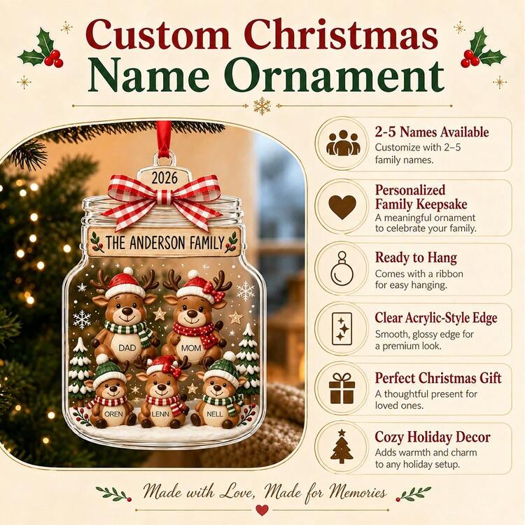 Custom Reindeer Family Christmas Ornament 2026, Personalized 2-5 Names Holiday Decor, Cozy Festive Family Style, Customized Christmas Tree Hanging Decor, Customizable Family Name Ornament, Christmas Home Decoration, Keepsake Gift, Family And Friends - Style E - View 4