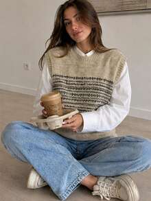 Women Fair Isle Pattern Round Neck Knit Vest, Casual Sleeveless Sweater Vest For Fall Daily Layering - Khaki - View 3