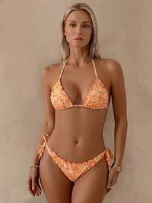 Conjunto de bikini de 2 piezas con volantes de encaje floral lindo, adecuado para vacaciones de verano en la isla, natación y playa - Multicolor - Ver 1