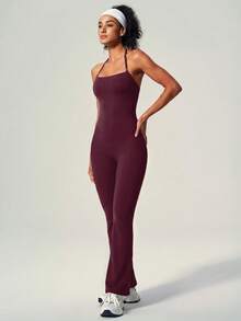 UONNOU Peach Butt-Lifting Flare Leg Jumpsuit, Halter Square Neck Backless Yoga Jumpsuit - Burgundy - View 11