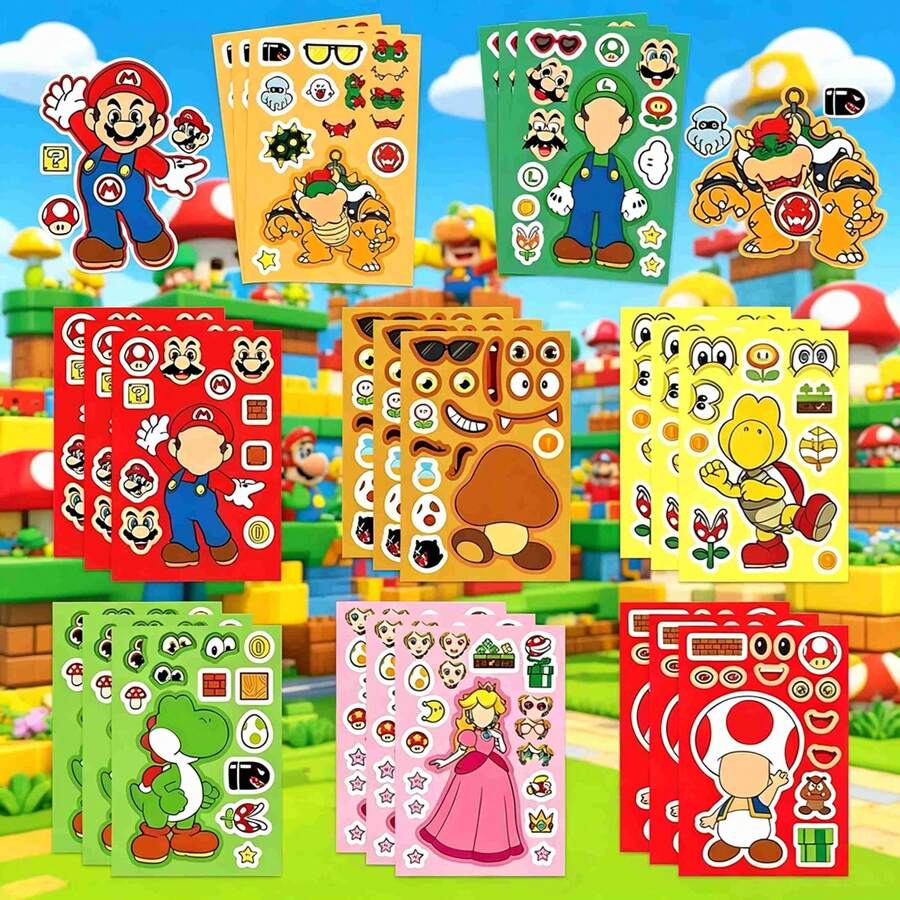 SUPER MARIO BROS. 1set/8pcs Anime . Puzzle Sticker Game Kawaii Makes A Face Sticker Cute Cartoon DIY Puzzle Toy Sticker, The Perfect Holiday Gift For Boys And Girls(Stochastic Style) - Multicolor - View 1