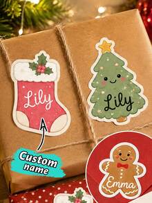 20-200pcs Custom Christmas Name Stickers, Personalized Gingerbread Stocking Tree Gift Labels, Festive Holiday Style, Customized Gift Stickers, Customizable Name Labels, Christmas Gift Wrapping Decor, Holiday Party Favors, Christmas Stickers - Style a - View 1